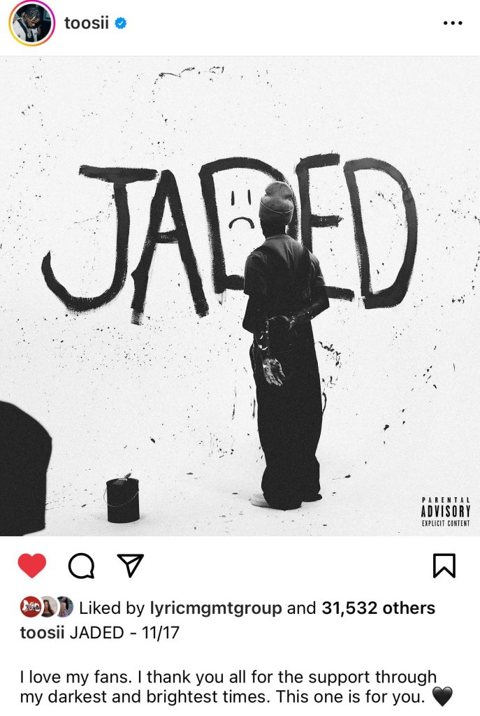 Toosii to release "Jaded" project on November 17