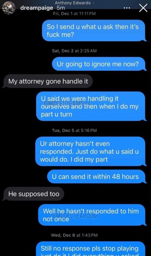 Anthony Edwards' side chick leaks text messages about abortion