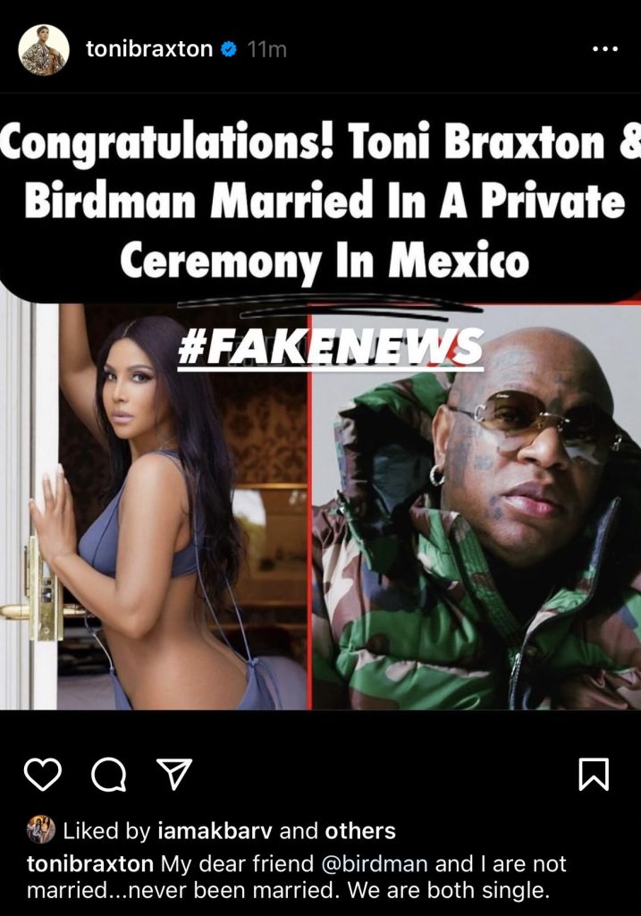 Toni Braxton says she's not married to Birdman and is single