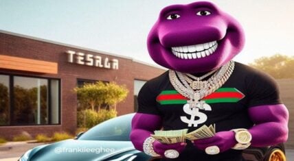 Muscular version of Barney with cash trends on Facebook