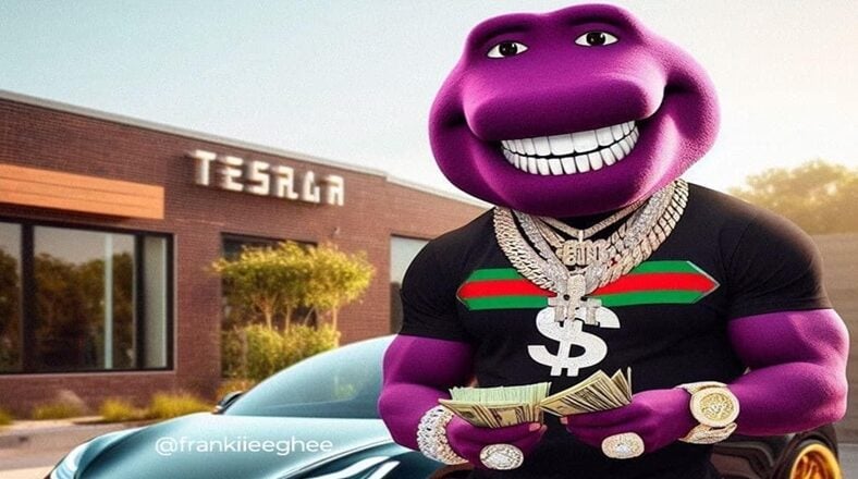 Muscular version of Barney with cash trends on Facebook