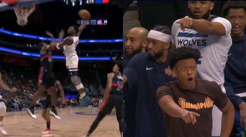 Anthony Edwards amazes Wolves bench with dunk on Jalen Duren