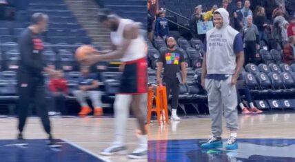 Anthony Edwards laughs watching Portland Trail Blazers warm up