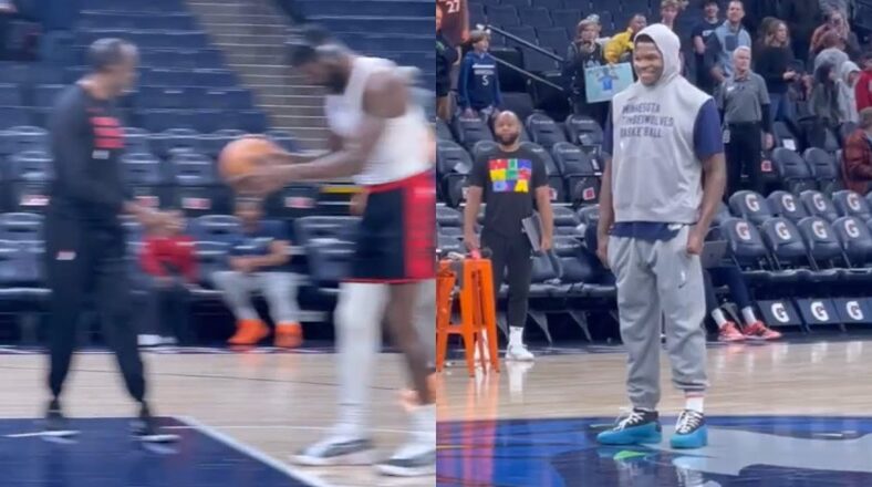Anthony Edwards laughs watching Portland Trail Blazers warm up