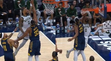 Damian Lillard trends for left hand dunk on Myles Turner