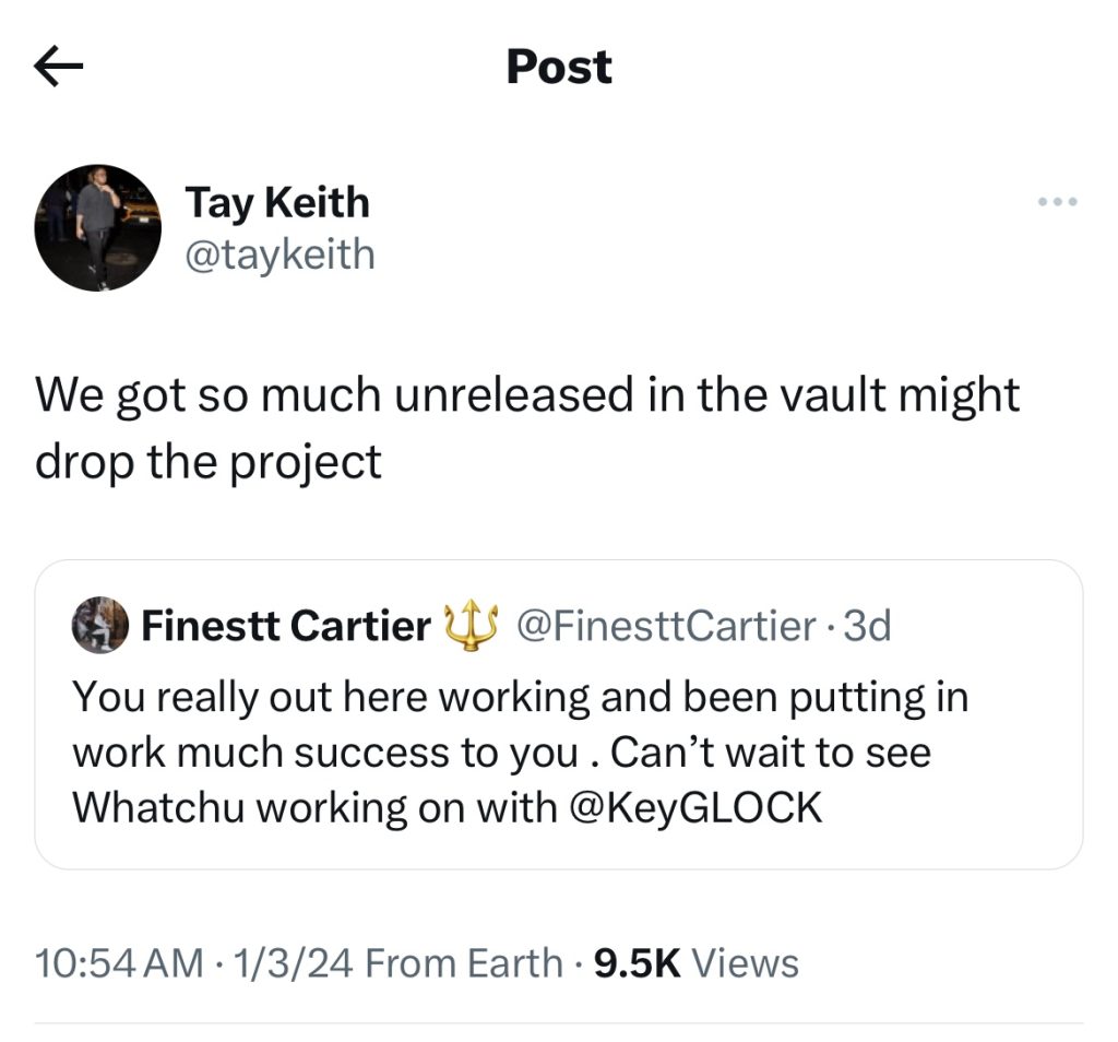 Tay Keith teases joint project with Key Glock