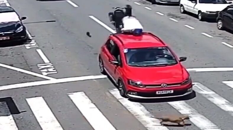 Motorcycle rider rear ends car and his body flips over it