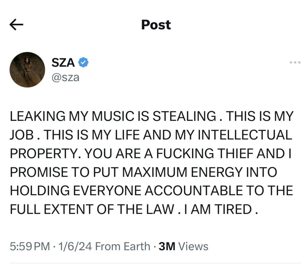 SZA calls out people who are leaking her unreleased music