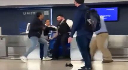 Viral United Airlines airport altercation showing passenger and employee confrontation.