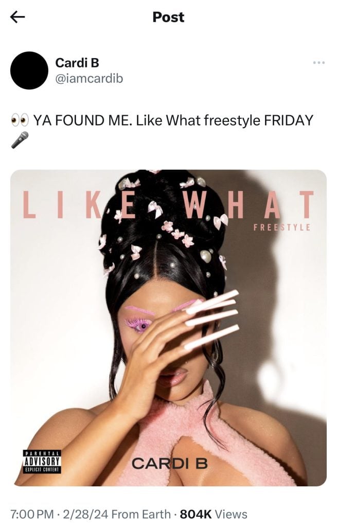 Cardi B to release "Like What" Freestyle on March 1