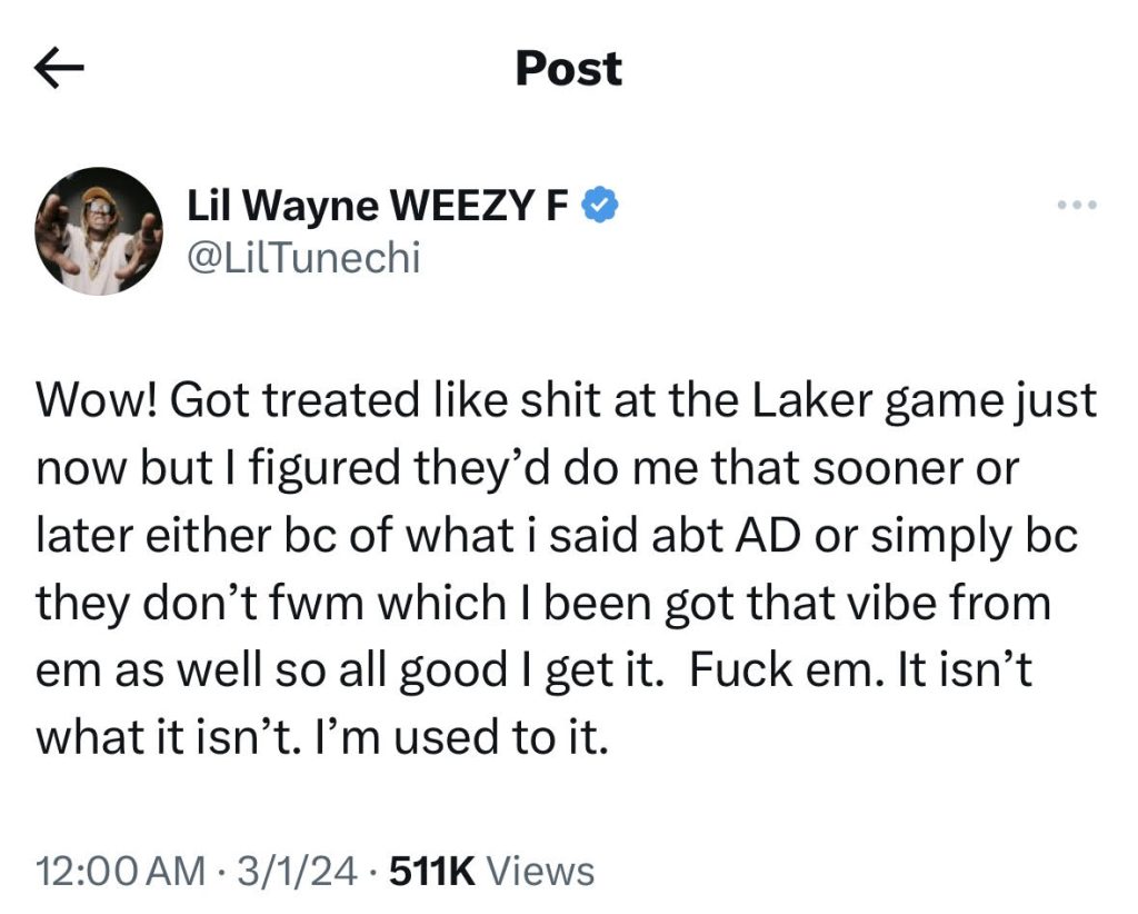 Lil Wayne says he was mistreated by Lakers at game vs Wizards