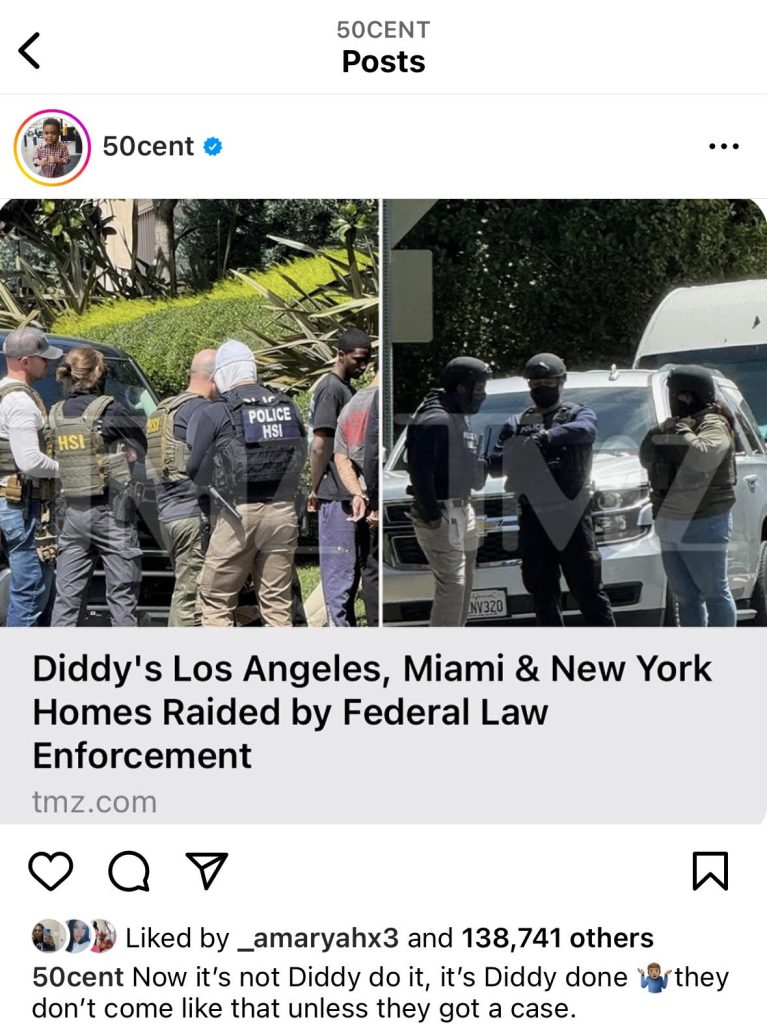 50 Cent clowns Diddy after homes got raided by Homeland Security
