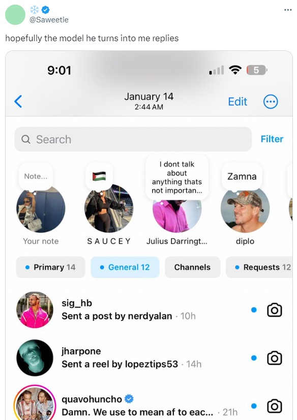 Screenshot of Saweetie revealing Quavo’s DMs after his diss track response.