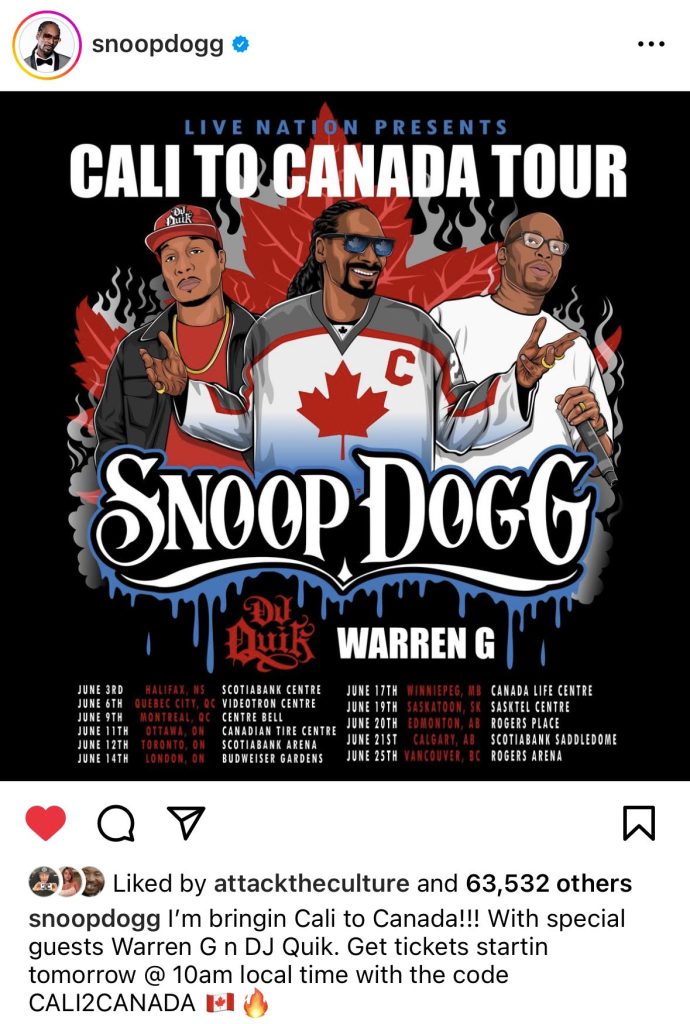 Snoop Dogg announces Cali To Canada Tour