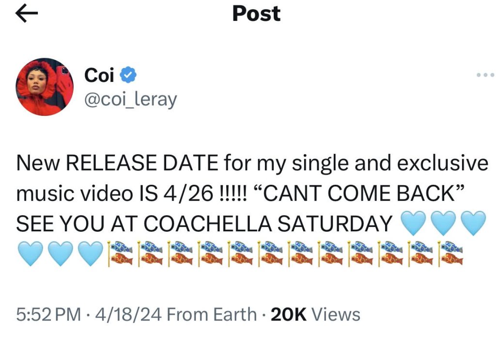 Coi Leray to release "Can't Come Back" single on April 26