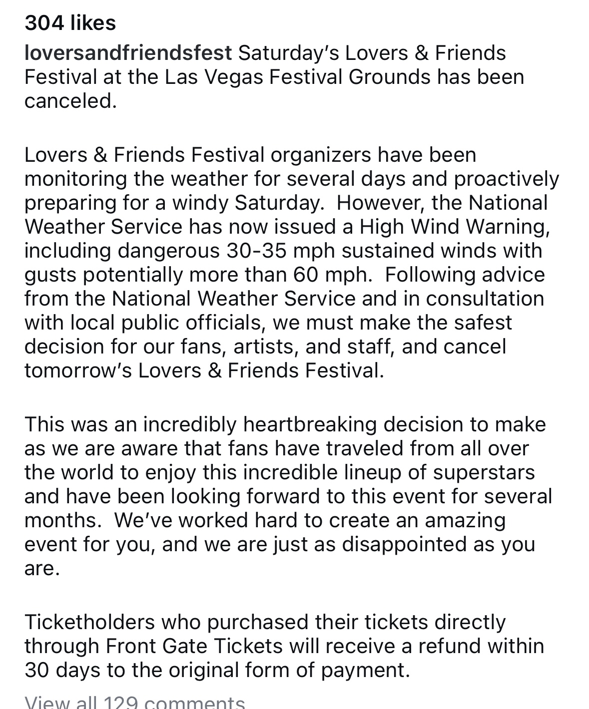 Lovers & Friends Festival canceled due to strong winds