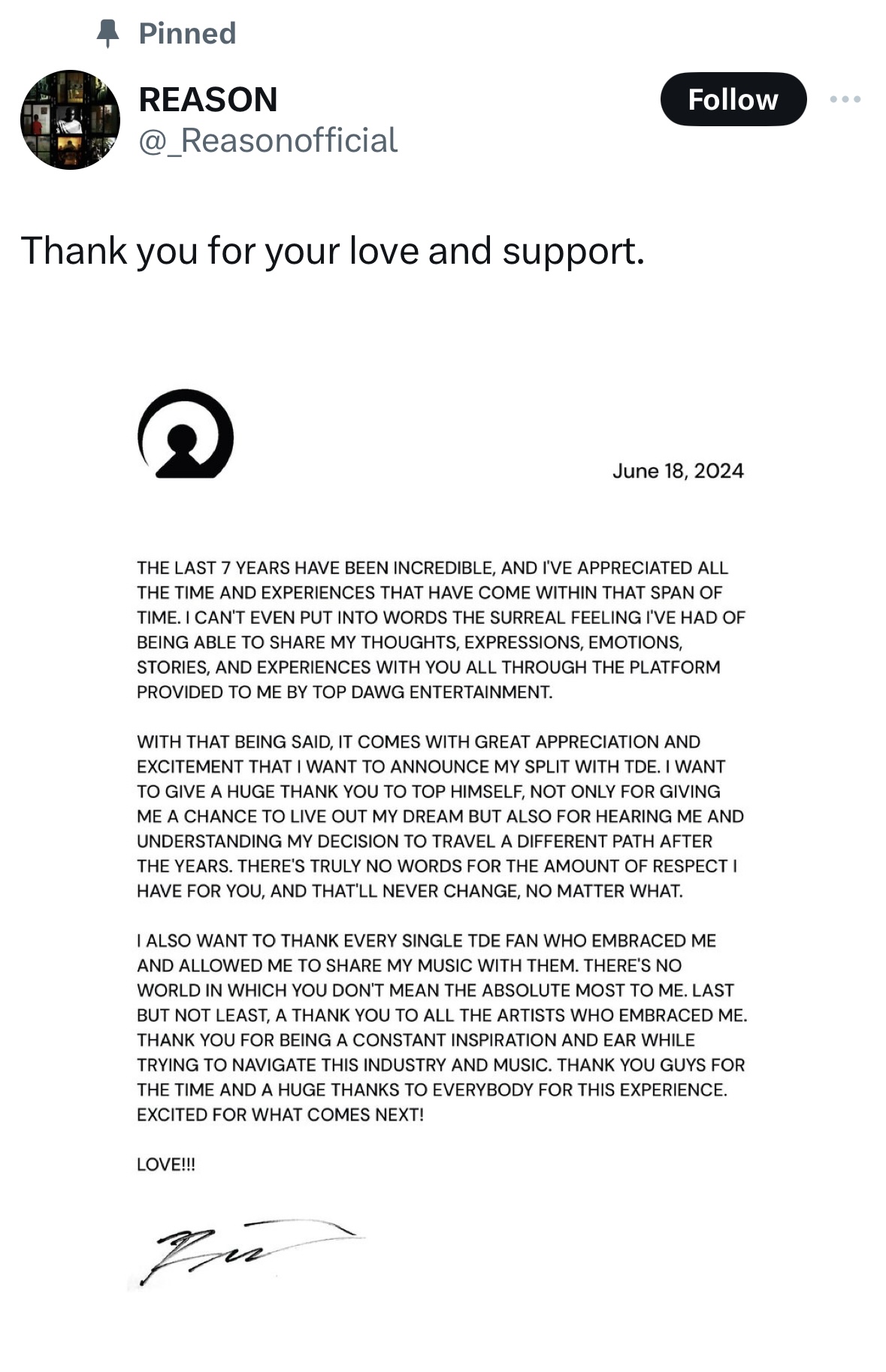 Reason announces departure from Top Dawg Entertainment