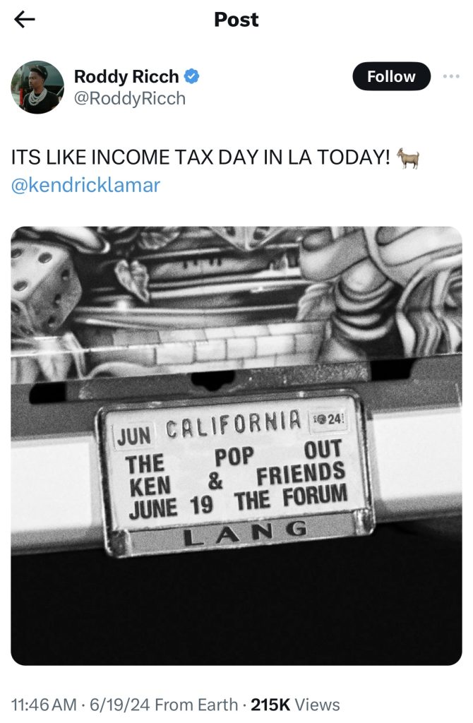 Roddy Ricch to perform at Kendrick Lamar’s Los Angeles concert