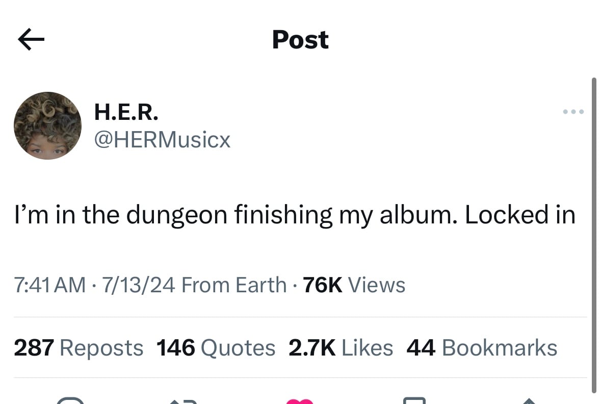 H.E.R. reveals that sophomore album is being finished