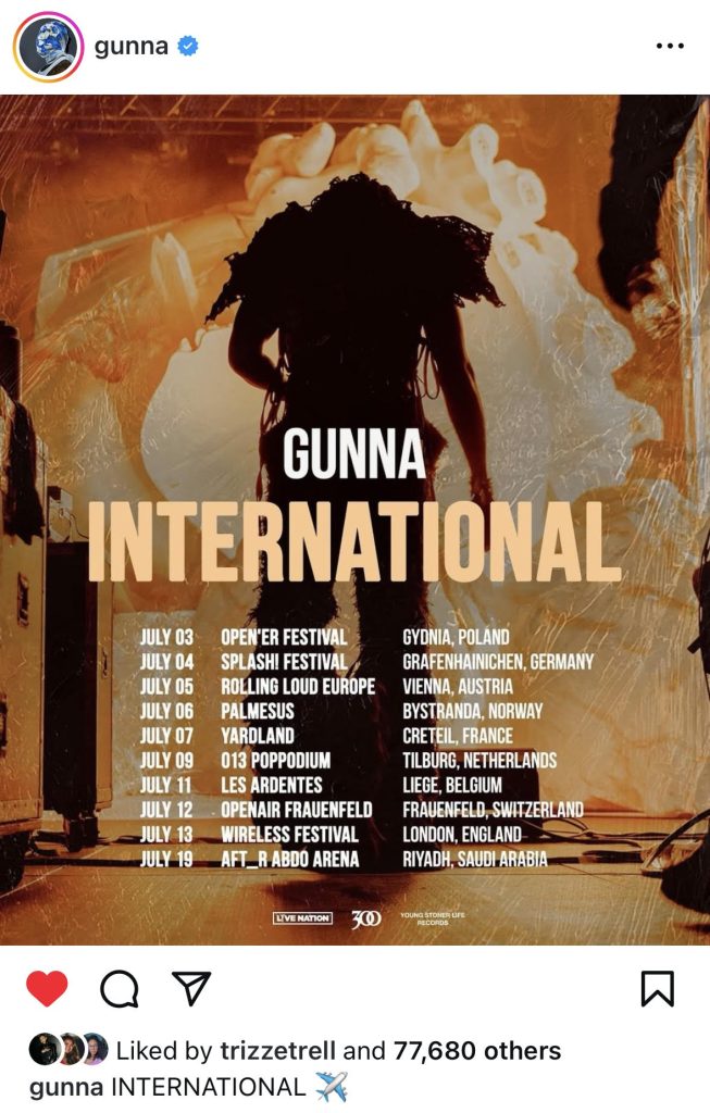 Gunna reveals upcoming international concert dates