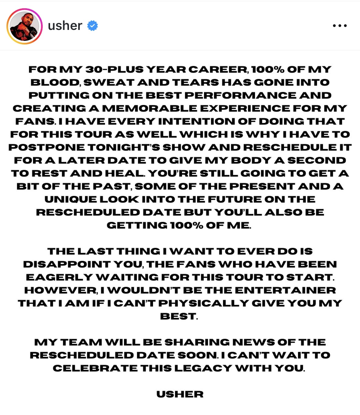 Usher postpones first concert of "Past, Present, Future Tour"