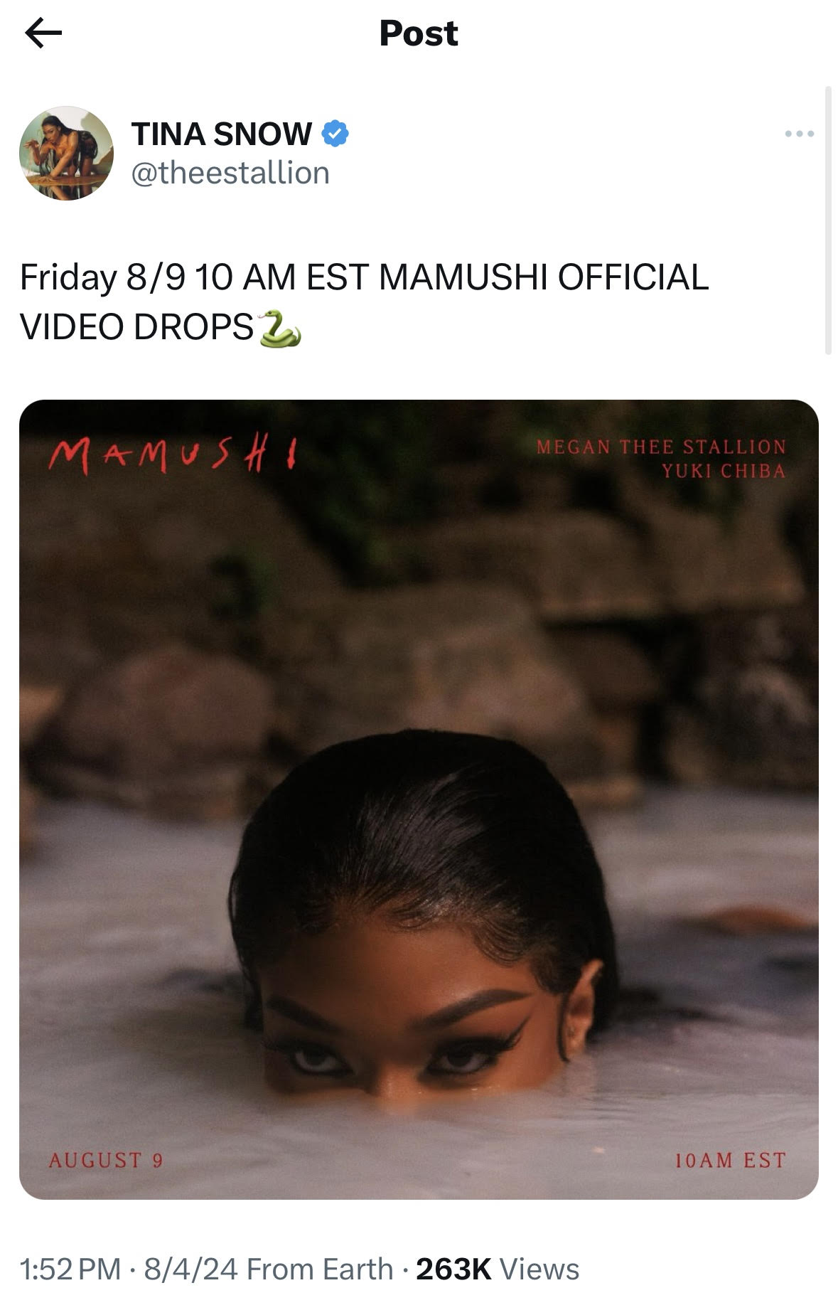 Megan Thee Stallion to release "Mamushi" video on August 9