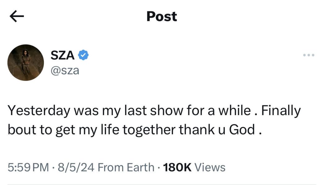 SZA announces hiatus from performances