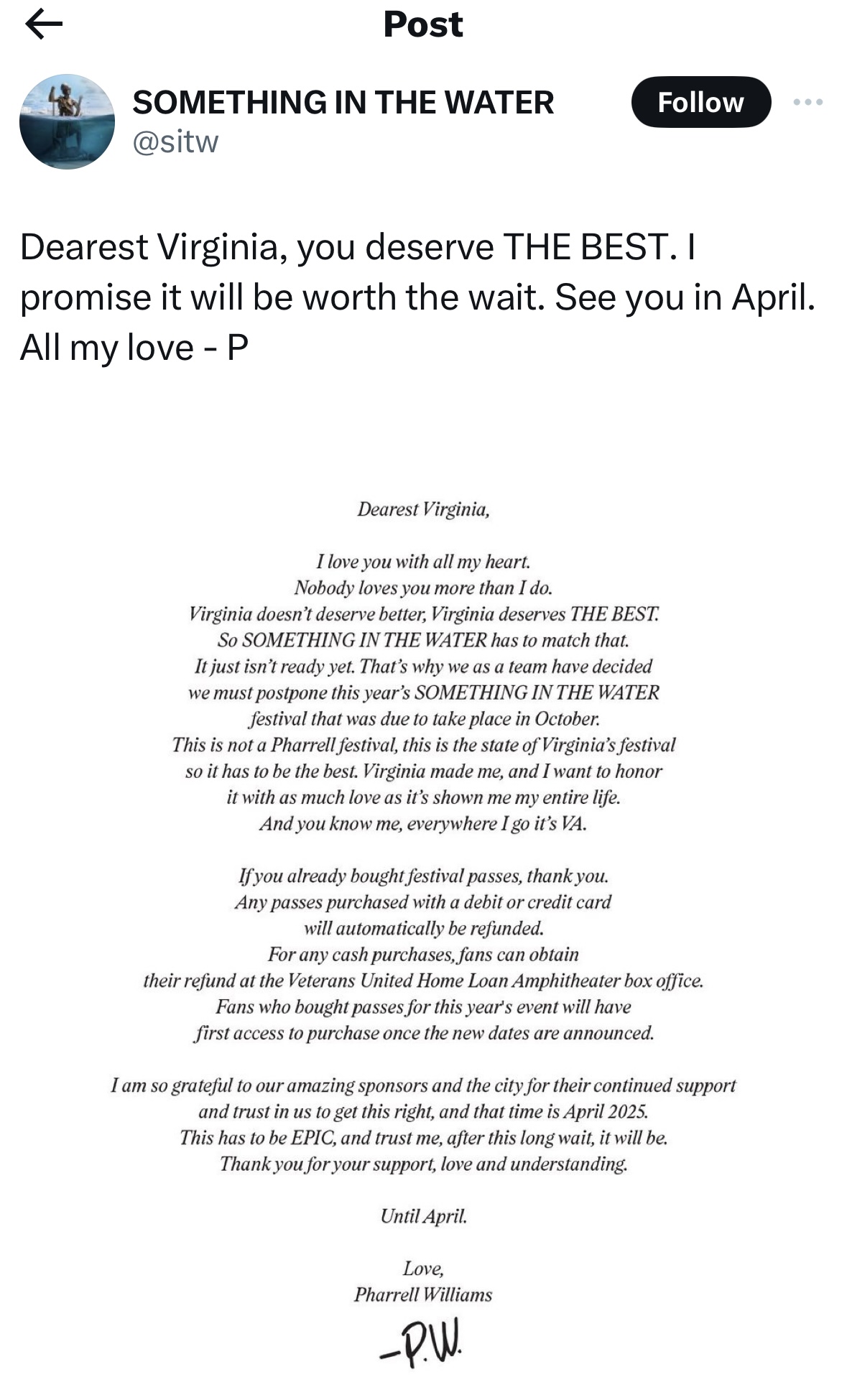 Pharrell postpones Something In The Water festival