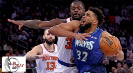 Karl-Anthony Towns guarding Julius Randle during an NBA game