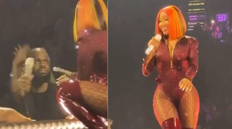 Nicki Minaj snatches microphone from security guard while smiling on stage during her concert, showing her playful side, as the guard looks confused