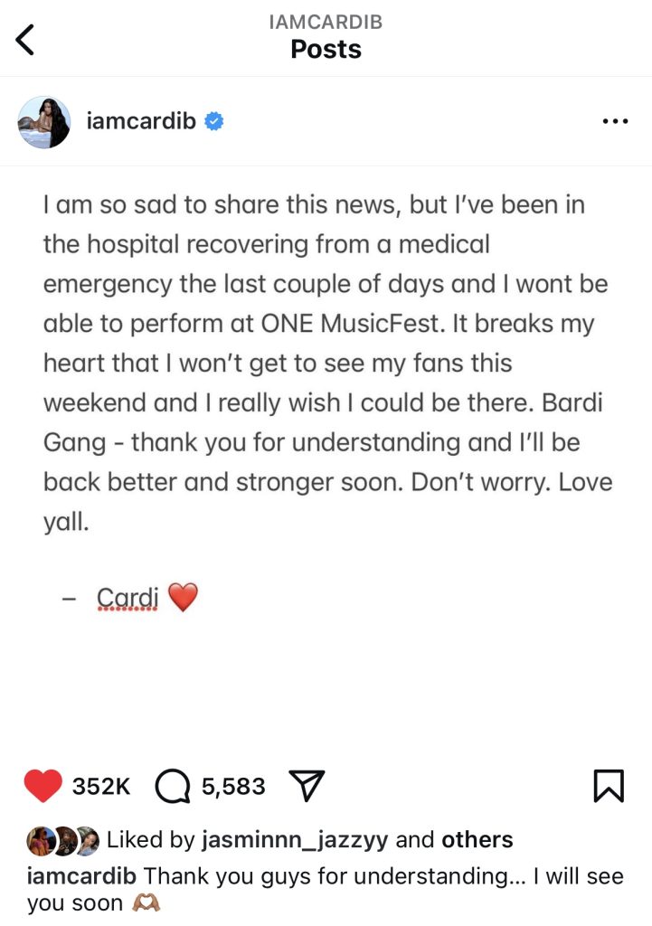 Cardi B cancels ONE MusicFest set due to medical emergency