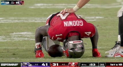 Chris Godwin gets carried off the field, after injuring his leg during Tampa Bay's MNF loss vs. Baltimore