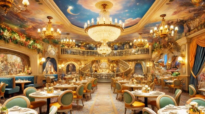 An elegant Disney-themed restaurant with chandeliers and grand decor