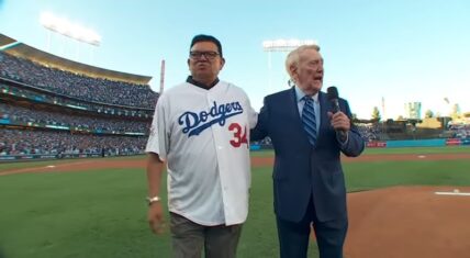 Fernando Valenzuela with Vin Scully during a Dodgers 2017 playoff game