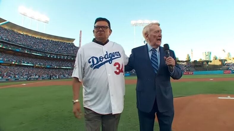 Fernando Valenzuela with Vin Scully during a Dodgers 2017 playoff game