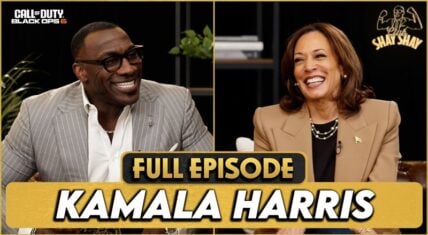 Shannon Sharpe and Kamala Harris laughing during Club Shay Shay interview