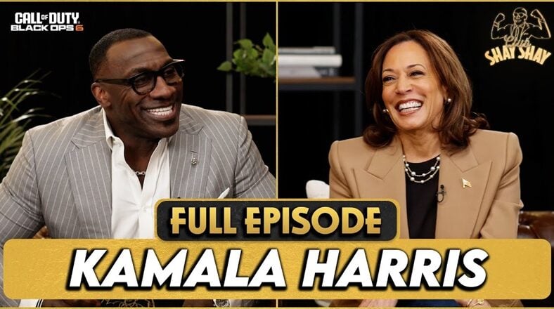 Shannon Sharpe and Kamala Harris laughing during Club Shay Shay interview