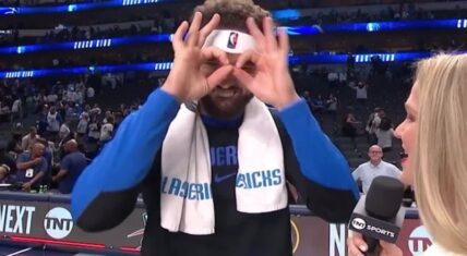 Klay Thompson celebrating after setting a Dallas Mavericks record for most 3-pointers in a debut during the win over the San Antonio Spurs.