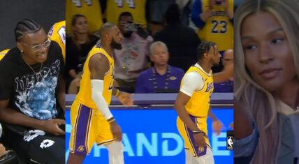 LeBron James and Bronny James check in during the Lakers-Wolves season opener, making NBA history as the first father-son duo to play together