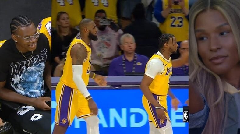 LeBron James and Bronny James check in during the Lakers-Wolves season opener, making NBA history as the first father-son duo to play together