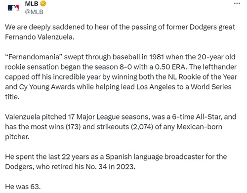 MLB releases statement honoring Fernando Valenzeula, in the wake of his passing.