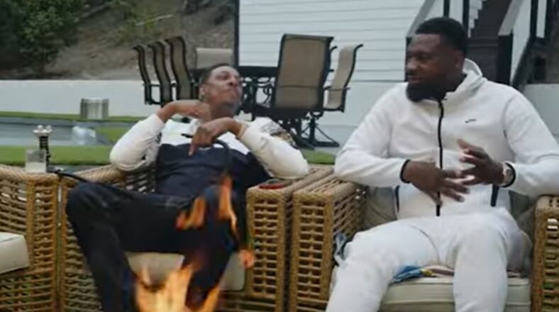Paul Pierce jokes with Tony Allen about Dwyane Wade's statue.