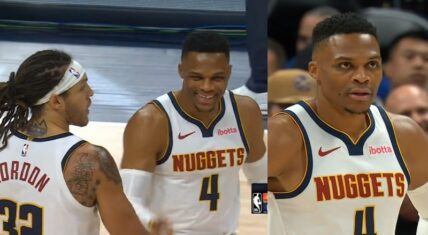 Russell Westbrook receives standing ovation and airballs his first shot during his Nuggets debut against the Thunder.
