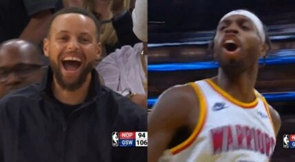 Steph Curry reacts as Buddy Hield leads Warriors' comeback against Pelicans.