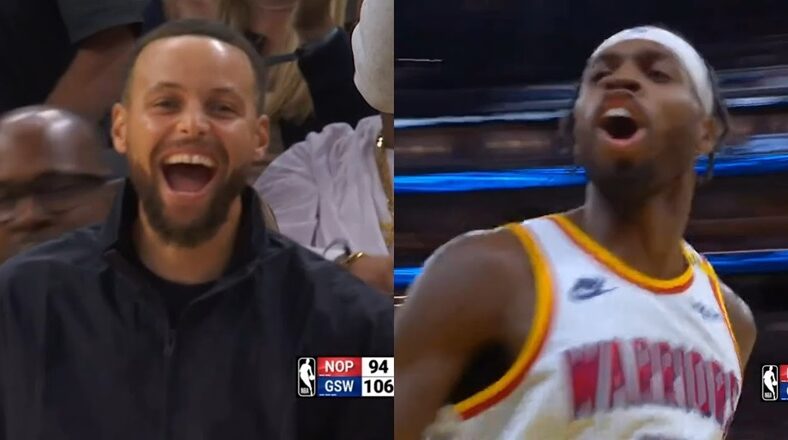 Steph Curry reacts as Buddy Hield leads Warriors' comeback against Pelicans.