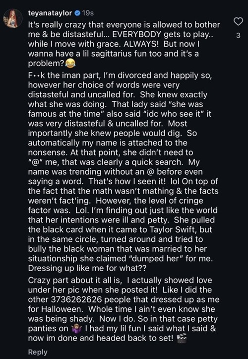 Teyana Taylor commented on her own IG post to further elaborate on her frustrations with Kayla Nicole talking about her.