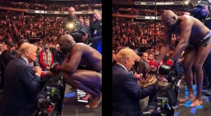 Jon Jones hands Donald Trump his UFC title belt after winning at UFC 309.