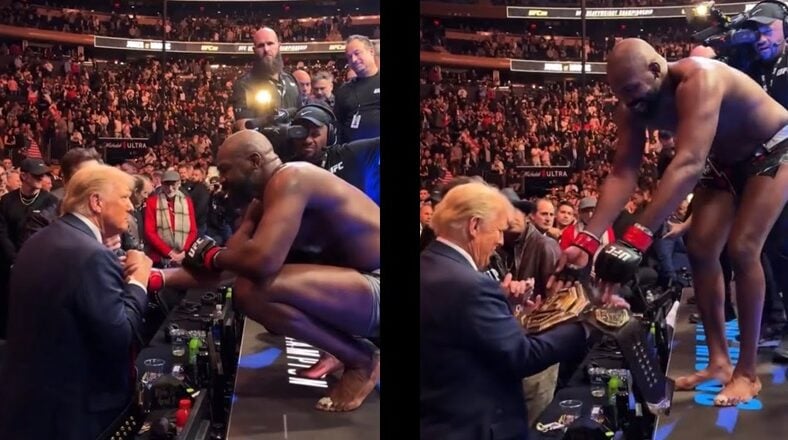 Jon Jones hands Donald Trump his UFC title belt after winning at UFC 309.