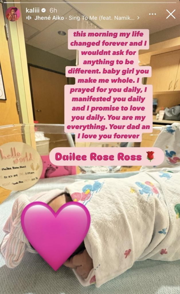 Kaliii announces birth of daughter with boyfriend Justyn Ross