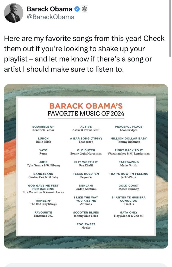 Barack Obama unveils favorite music of 2024 list